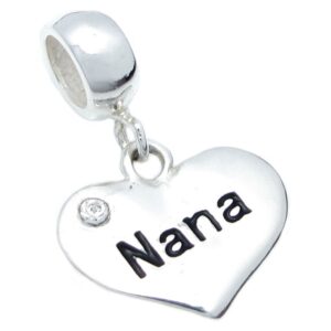 Queenberry Sterling Silver Nana Heart Love Cubic Zirconia Crystal Dangle Bead For European Charm Bracelets