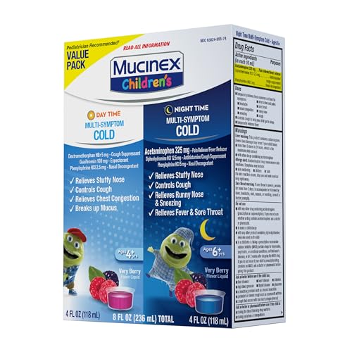 Mucinex Children's Day & Night Combo Pack, Kids Cold Medicine / Kids Cough Medicine, Daytime Cold Medicine & Night Time Cold and Flu Medicine, Mucinex Kids Medicine, Berry Flavor Liquid (2 X 4 Fl Oz)