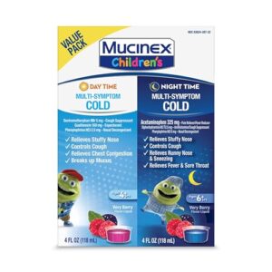 mucinex children's day & night combo pack, kids cold medicine / kids cough medicine, daytime cold medicine & night time cold and flu medicine, mucinex kids medicine, berry flavor liquid (2 x 4 fl oz)