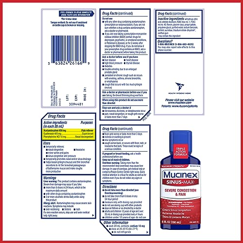 Mucinex Severe Congestion & Pain Relief, Sinus-Max Max Strength, 6oz Clears Sinus & Nasal Congestion, Relieves Headache & Fever, Thins & Loosens Mucus