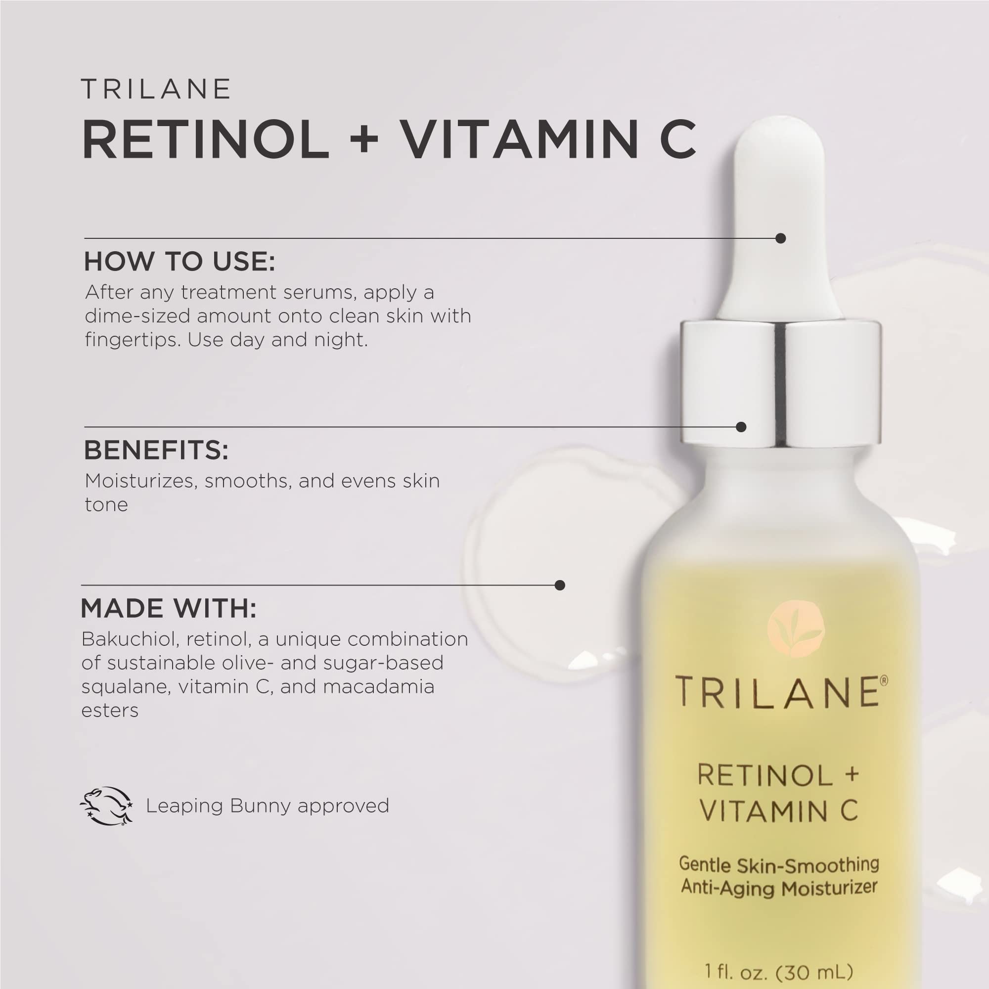 Trilane Retinol + Vitamin C with Squalane, Visibly Reduces the Signs of Aging for Softer, Smoother, More Radiant Skin with Zero Irritation, 1 fl. oz.