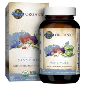 garden of life organics whole food multivitamin for men, 60 tablets, vegan mens vitamins and minerals for mens health and well-being, certified organic vegan mens multi