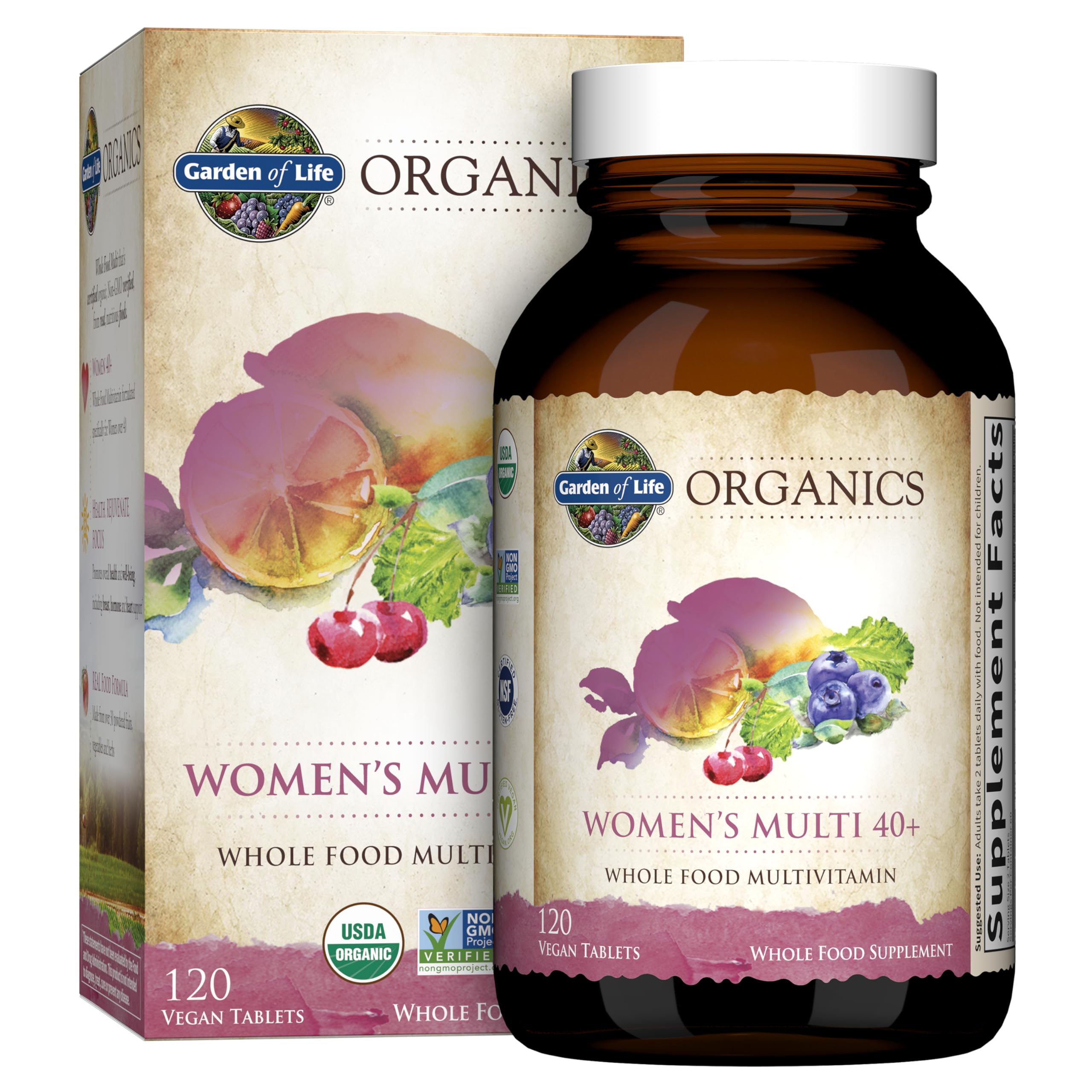 Garden of Life Organics Vitamins for Women 40 Plus - 120 Tablets, Womens Multi 40 Plus, Vegan Vitamins for Women Over 40, Hormone & Breast Health Support Blend, Whole Food Womens Multivitamin