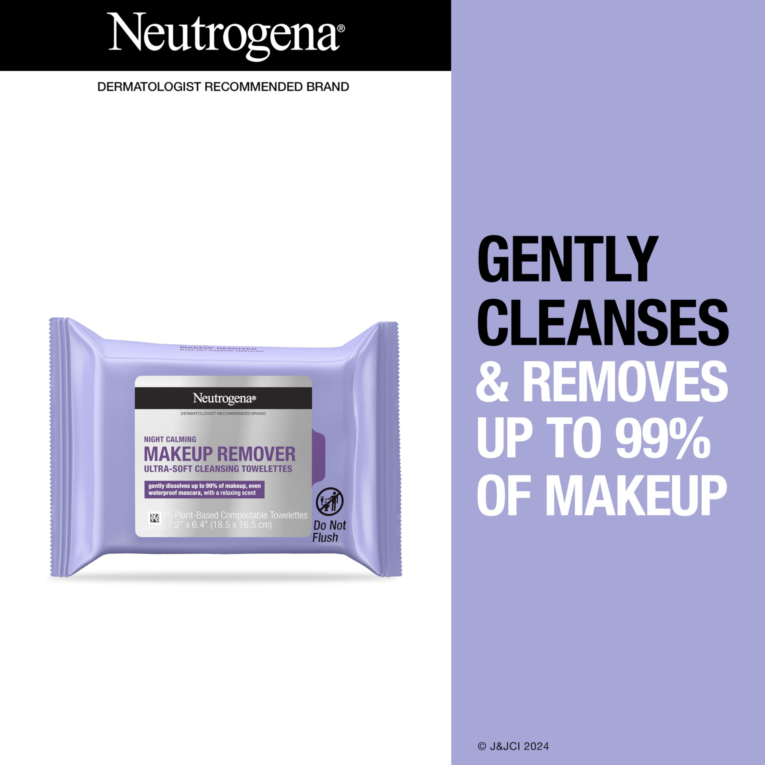 Neutrogena Night Calming Cleansing Makeup Remover Face Wipes, Nighttime Facial Towelettes to Remove Sweat, Dirt & makeup, Leaves Skin Feeling Calm, Alcohol-Free, 100% Plant Based Cloth, 25 ct