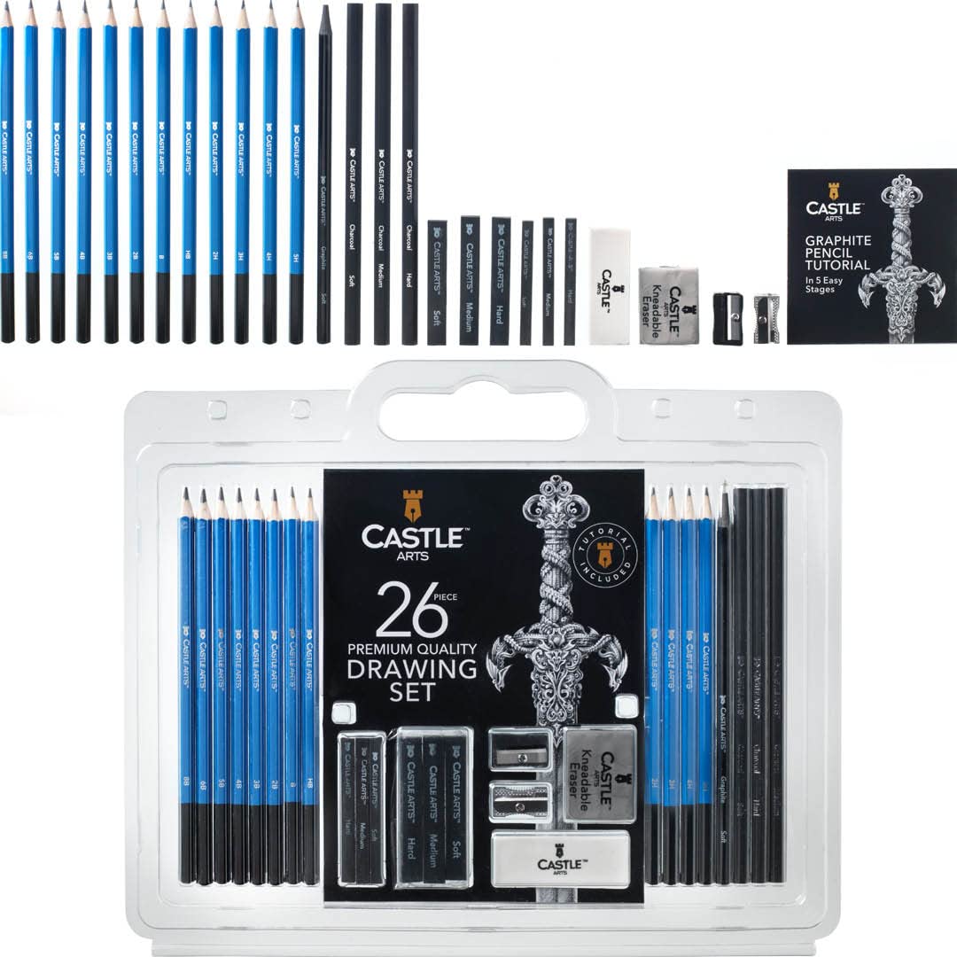 Castle Art Supplies 26 Piece Premium Drawing and Sketching Set | For Artists, Professionals or Beginners | Pencils, Charcoal, Graphite and More | Arranged in Carry-Anywhere Clamshell Case