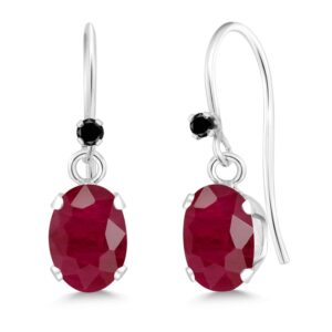 Gem Stone King 925 Sterling Silver Red Ruby and Black Diamond French Wire Dangle Hook Earrings For Women (2.06 Cttw, Gemstone July Birthstone, Oval 7X5MM)