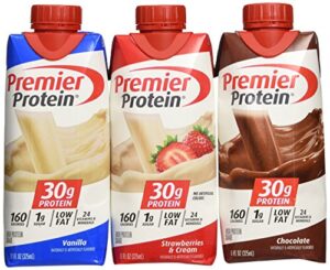 lot of 12 premier protein 30g high protein shakes 11 oz. variety pack contains chocolate, vanilla & strawberries & cream