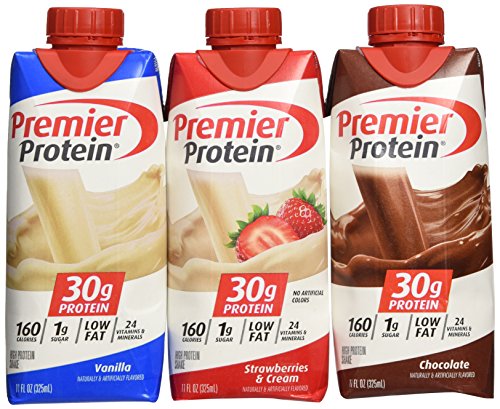 Lot of 12 Premier Protein 30g High Protein Shakes 11 Oz. Variety Pack Contains Chocolate, Vanilla & Strawberries & Cream