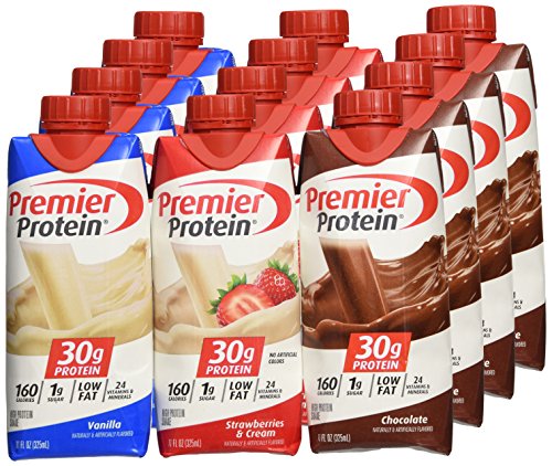 Lot of 12 Premier Protein 30g High Protein Shakes 11 Oz. Variety Pack Contains Chocolate, Vanilla & Strawberries & Cream