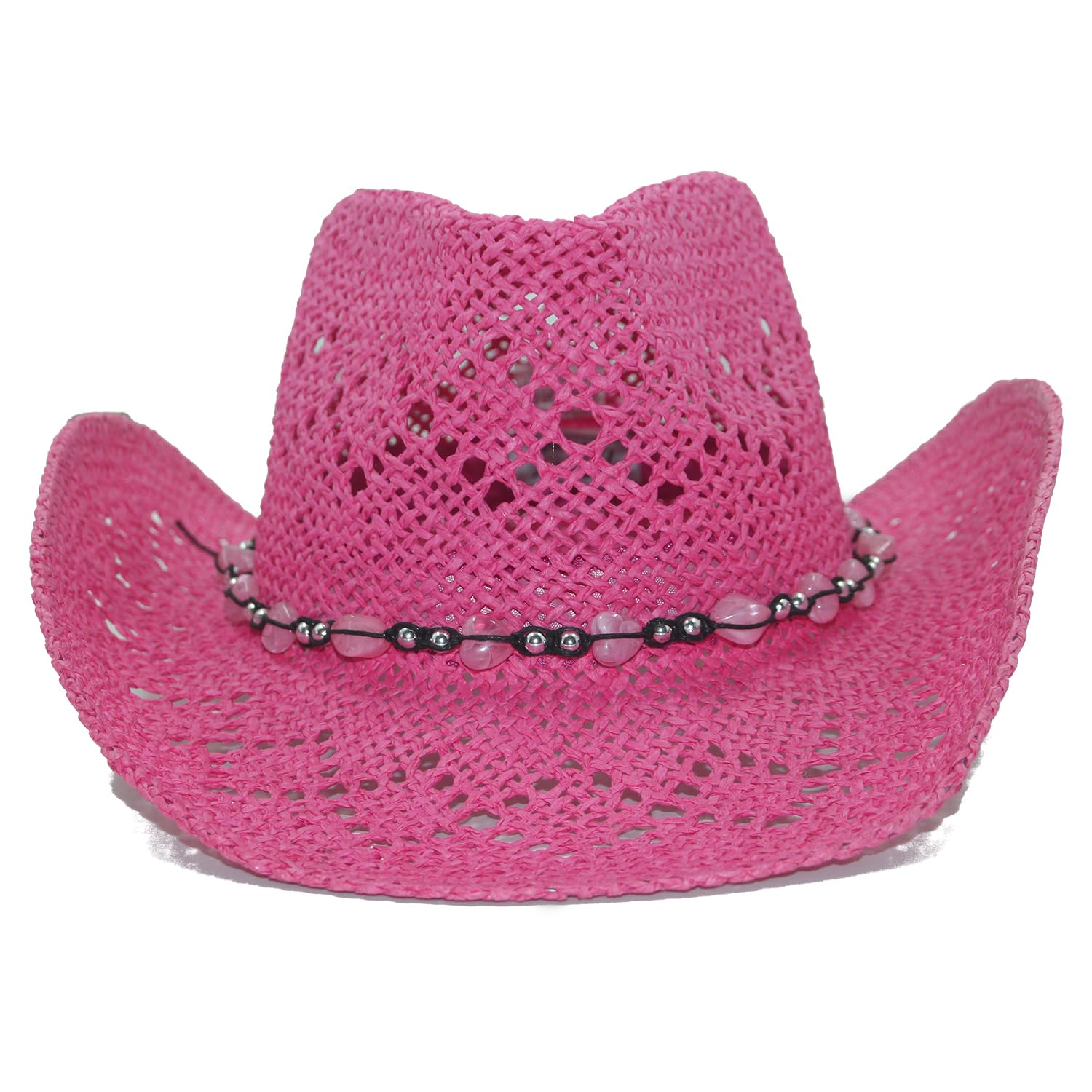 Vamuss Straw Cowboy Hat for Women with Beaded Trim and Shapeable Brim, Fuchsia