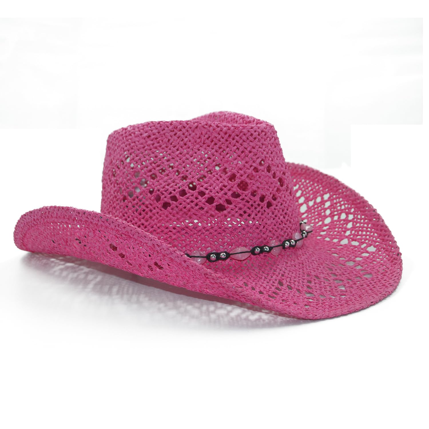 Vamuss Straw Cowboy Hat for Women with Beaded Trim and Shapeable Brim, Fuchsia