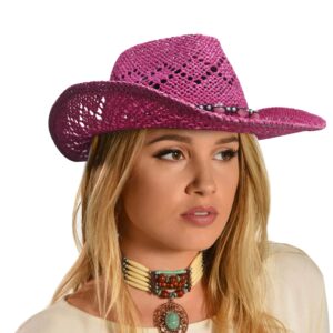 Vamuss Straw Cowboy Hat for Women with Beaded Trim and Shapeable Brim, Fuchsia