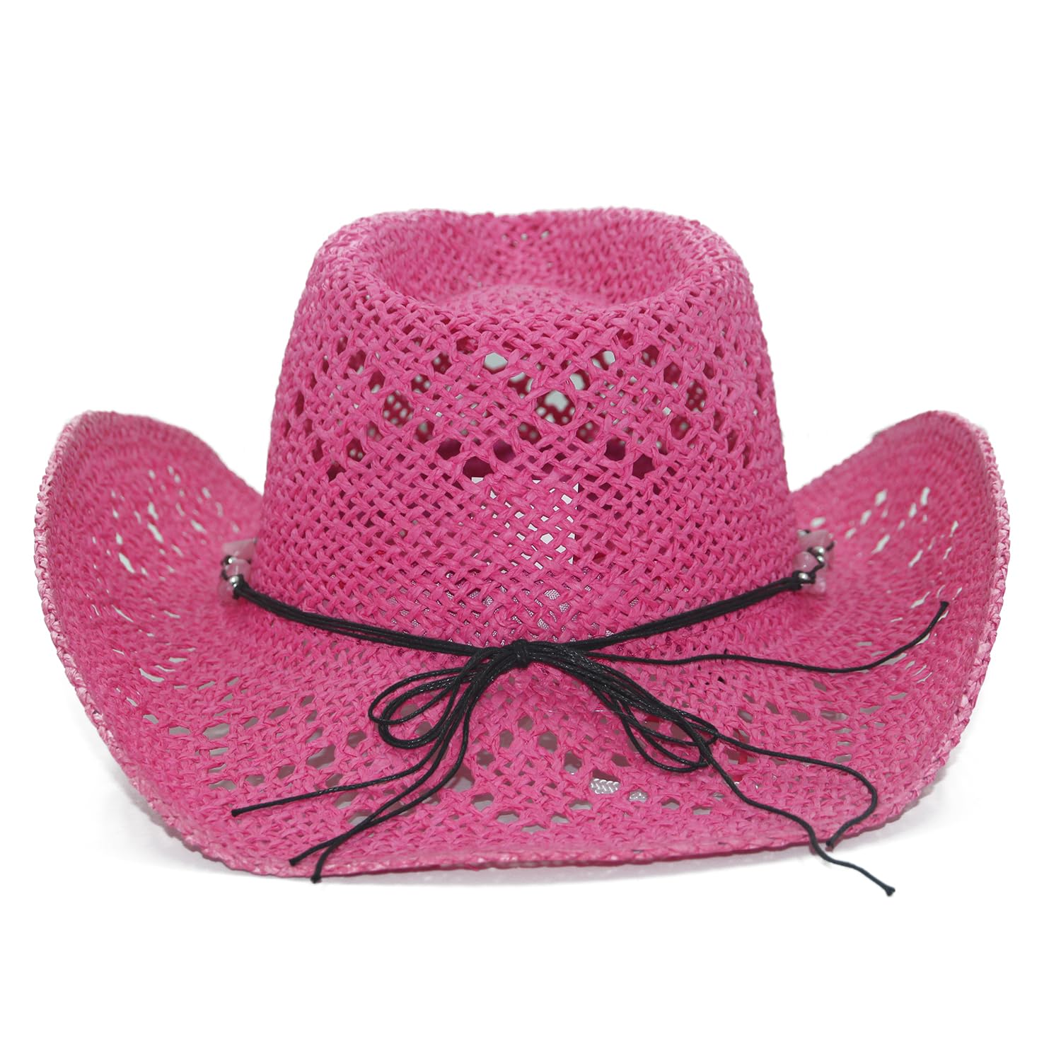 Vamuss Straw Cowboy Hat for Women with Beaded Trim and Shapeable Brim, Fuchsia