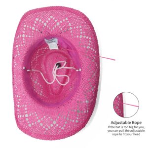 Vamuss Straw Cowboy Hat for Women with Beaded Trim and Shapeable Brim, Fuchsia