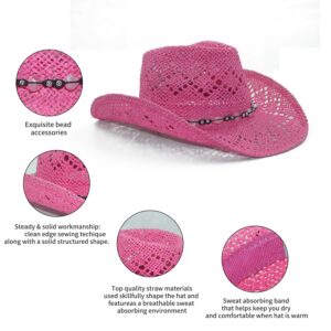 Vamuss Straw Cowboy Hat for Women with Beaded Trim and Shapeable Brim, Fuchsia