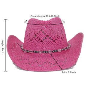 Vamuss Straw Cowboy Hat for Women with Beaded Trim and Shapeable Brim, Fuchsia