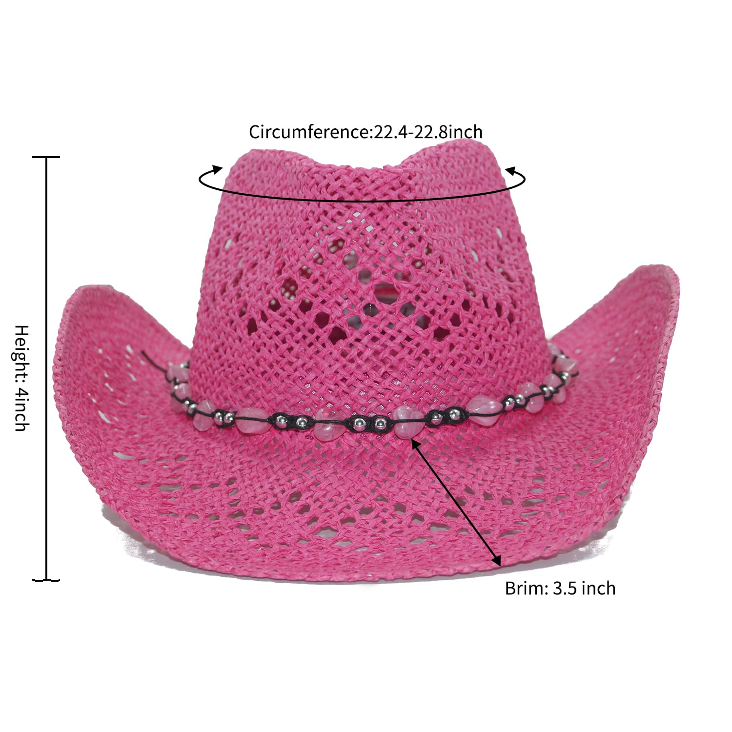 Vamuss Straw Cowboy Hat for Women with Beaded Trim and Shapeable Brim, Fuchsia