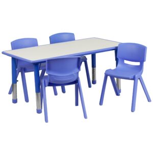 flash furniture emmy adjustable classroom activity table w/ 4 stack chairs, rectangular plastic activity table for kids, 23.625"w x 47.25"l, blue/gray