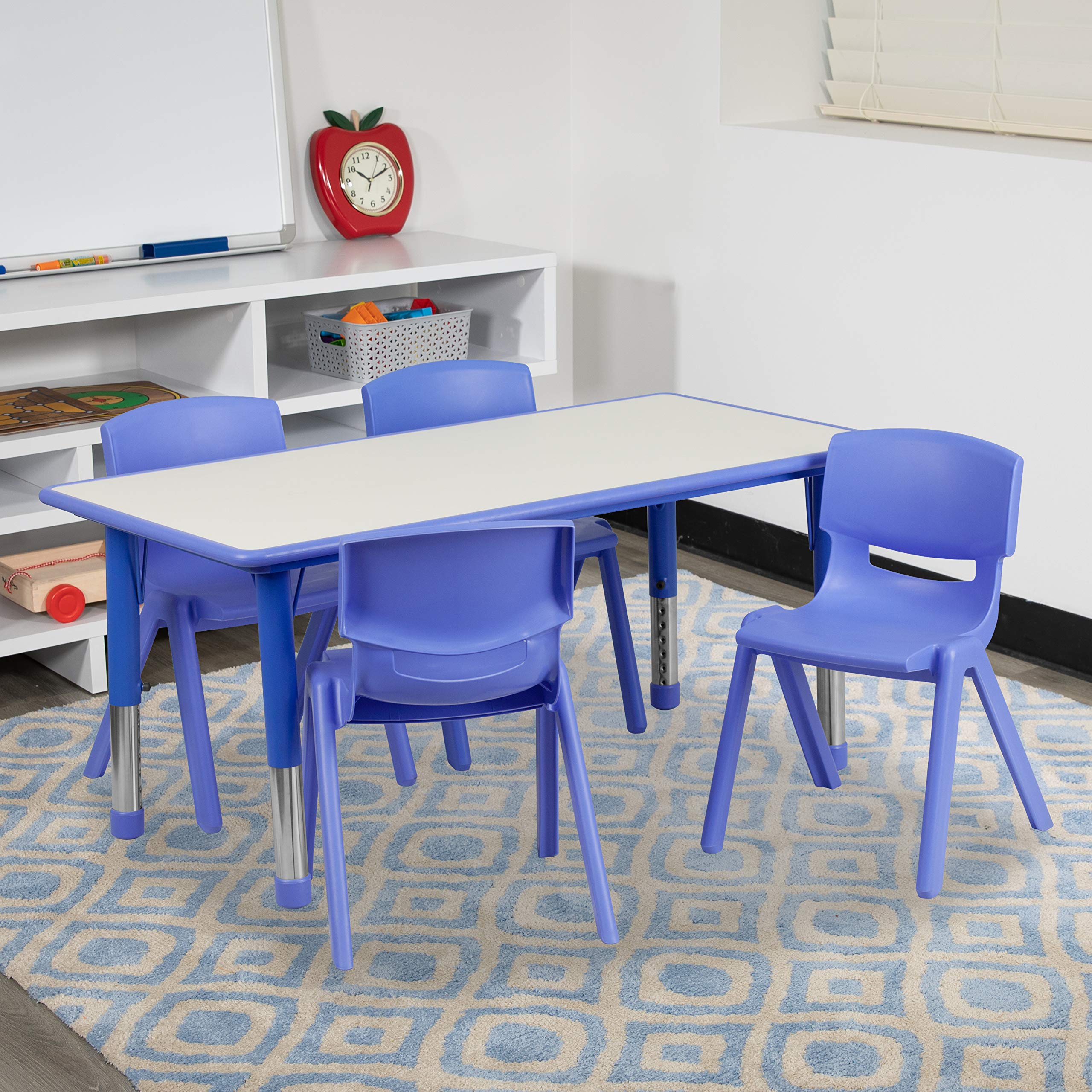 Flash Furniture Emmy Adjustable Classroom Activity Table w/ 4 Stack Chairs, Rectangular Plastic Activity Table for Kids, 23.625"W x 47.25"L, Blue/Gray