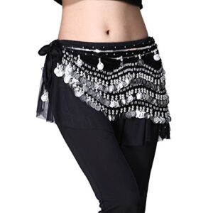 ZLTdream Women's Belly Dance Wave Shape Hip Scarf With Silver Coins Belly dancing Skirt For Zumba Black