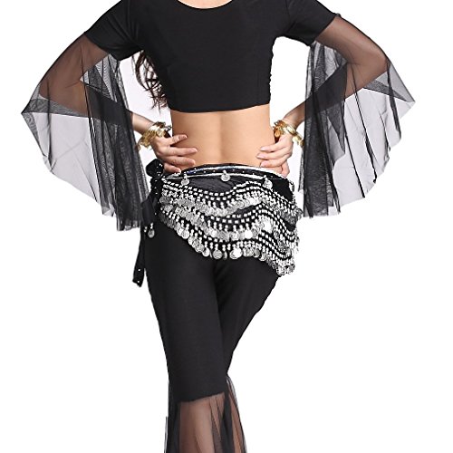 ZLTdream Women's Belly Dance Wave Shape Hip Scarf With Silver Coins Belly dancing Skirt For Zumba Black