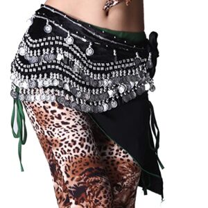 ZLTdream Women's Belly Dance Wave Shape Hip Scarf With Silver Coins Belly dancing Skirt For Zumba Black