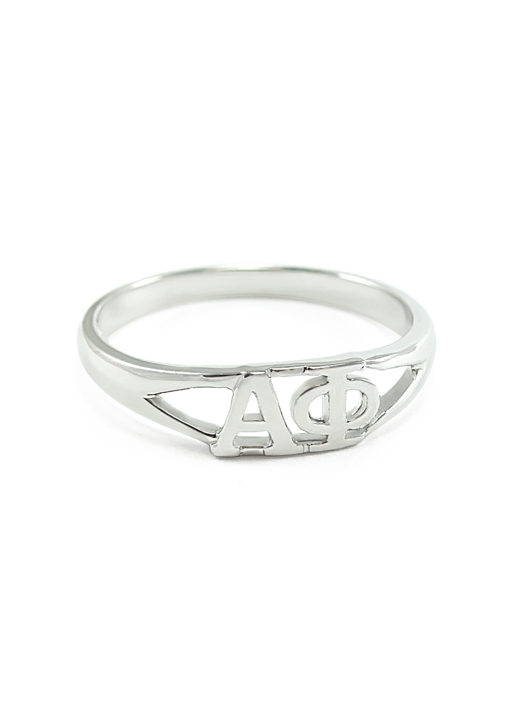 The Collegiate Standard Sterling Silver Alpha Phi ring with cut-out letters size 8