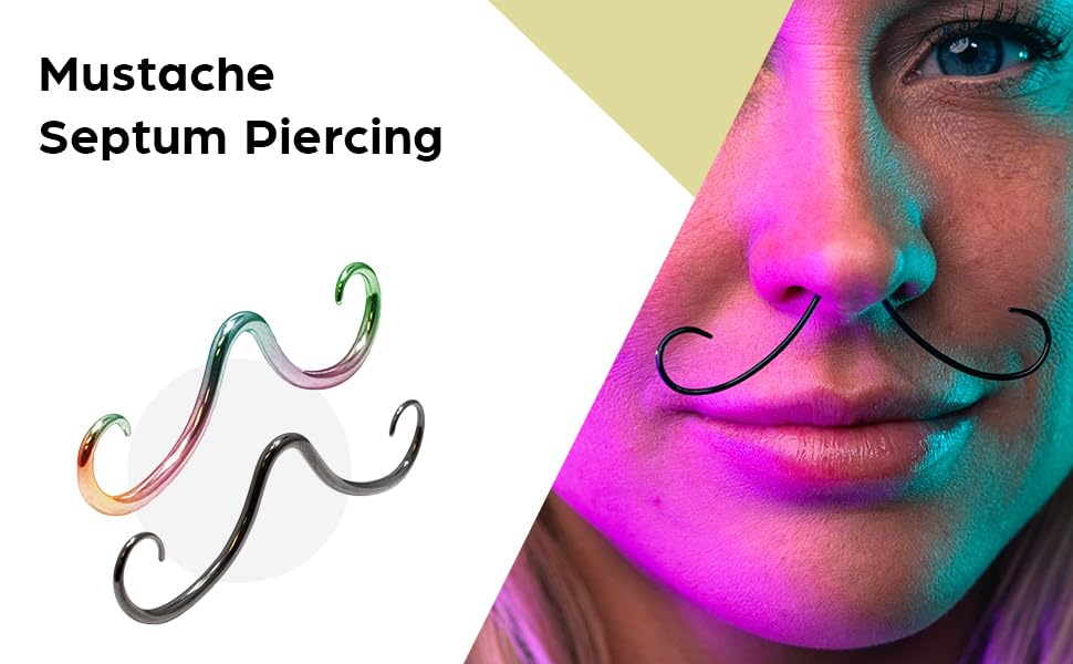 BodyJewelryOnline Black Septum Moustache Nose Ring [Curly Design], 316L Surgical Steel, 2¾” Length, Hypoallergenic, Lead/Nickel Free, Smooth Surface Rainbow removable O-rings