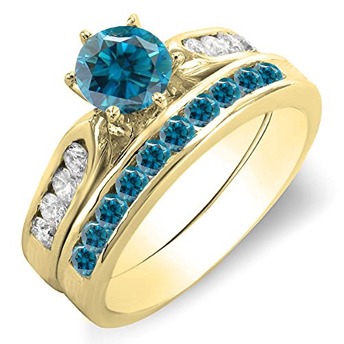 Dazzlingrock Collection 1.00 Carat (ctw) 14k Round Blue & White Diamond Wedding Ring Set 1 CT, Yellow Gold, Size 8