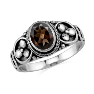 Silvershake 1.12ct. Oval Shape Natural Smoky Quartz 925 Sterling Silver Balinese Style Ring Size 6