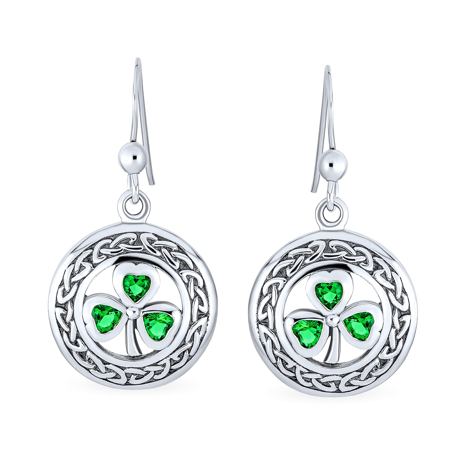 Irish Triquetra Celtic Knot Disc Circle Good Luck Shamrock Clover Dangle Earrings Simulated Kelly Green Emerald CZ Oxidized .925 Sterling Silver