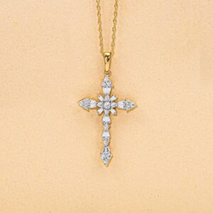 Jewelili Cross Pendant Necklace in 10K Yellow Gold with 1/2 Cttw Natural White round and baguette Diamonds 18" Rope Chain