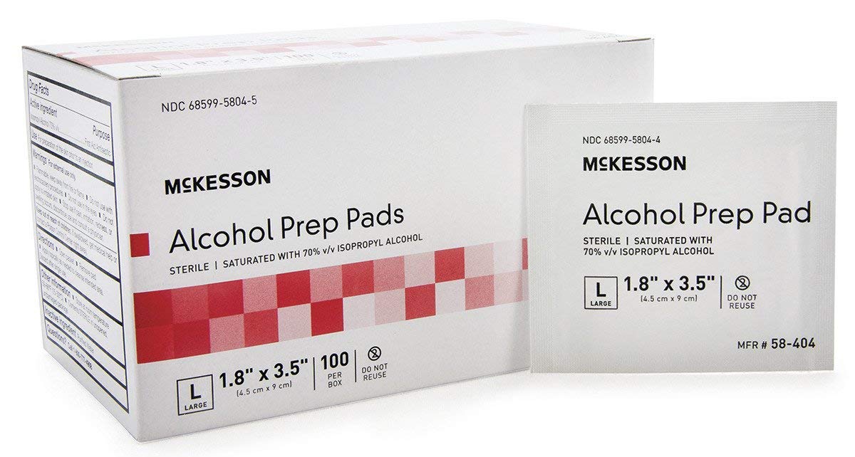 Alcohol Prep Pad, McKesson, Isopropyl Alcohol, 70% Isopropyl Alcohol, 70% Individual Packet Large, 1.8 X 3.5 Inch Sterile, 58-404 - Pack of 100