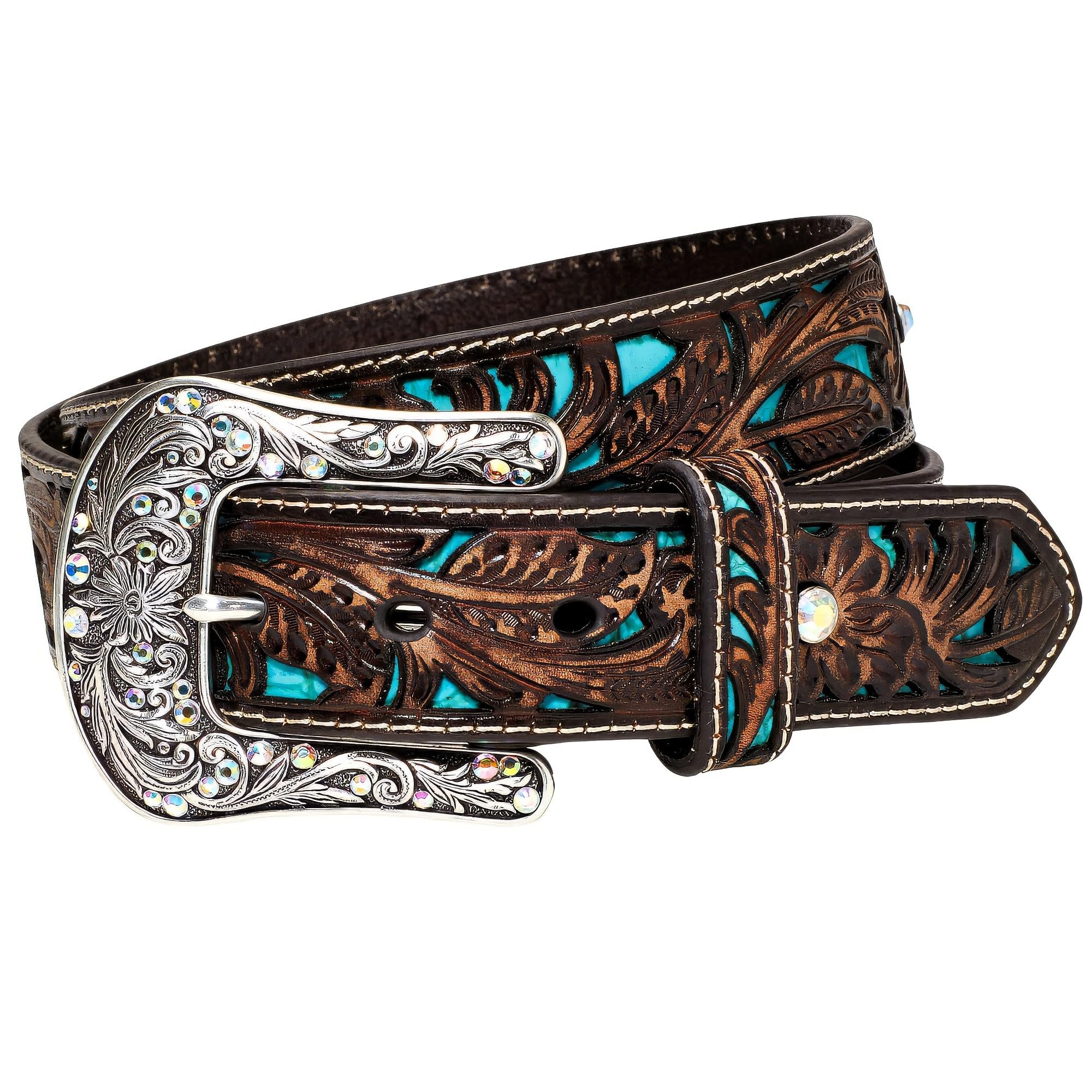 Ariat Women's Blue Inlay Floral Bling Belt, Brown, Extra Large