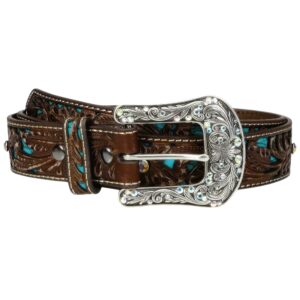 Ariat Women's Blue Inlay Floral Bling Belt, Brown, Extra Large