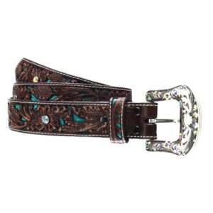 Ariat Women's Blue Inlay Floral Bling Belt, Brown, Extra Large