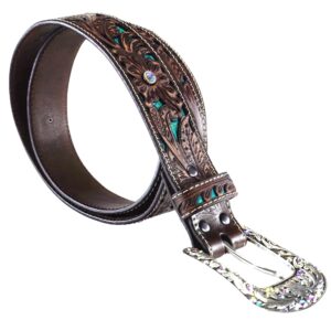 Ariat Women's Blue Inlay Floral Bling Belt, Brown, Extra Large