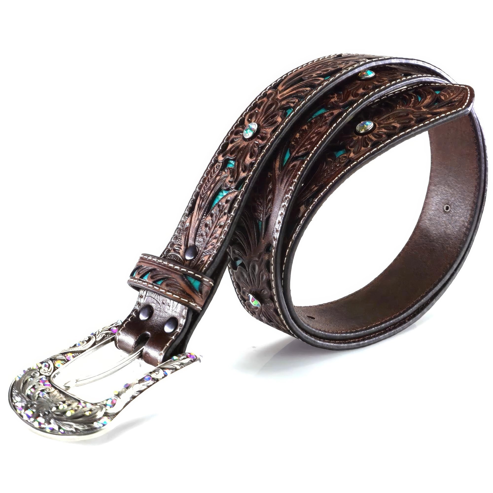 Ariat Women's Blue Inlay Floral Bling Belt, Brown, Extra Large