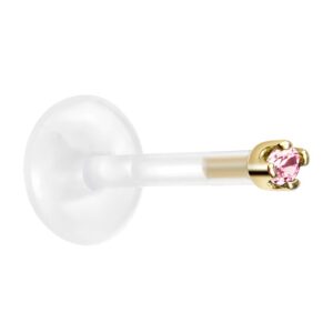 Body Candy 14k Yellow Gold October 1.5mm CZ Bioplast Push in Labret Monroe 16 Gauge 3/8"