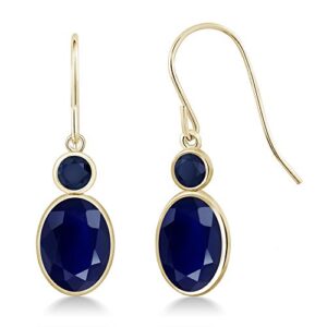 Gem Stone King 14K Yellow Gold Blue Sapphire Hook French Fish Ear Wire Dangle Earrings For Women (3.84 Cttw, Gemstone September Birthstone, Oval 8X6MM, Round 3MM)