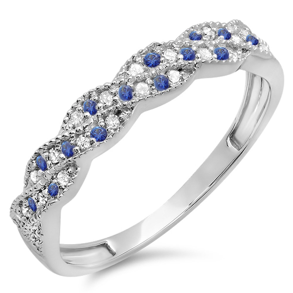 Dazzlingrock Collection 10K Round White Diamond & Blue Sapphire Women Anniversary Wedding Band Swirl Ring, White Gold, Size 7