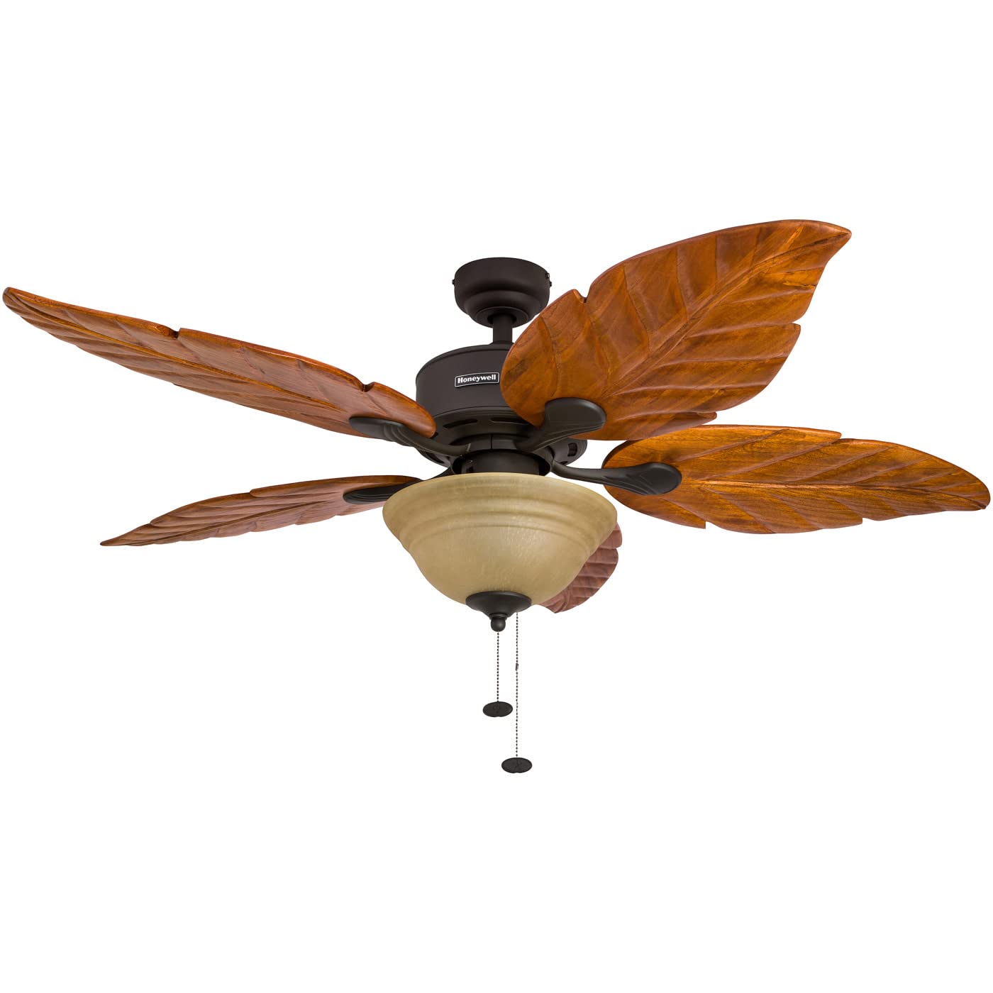 Honeywell Ceiling Fans Royal Palm, 52 Inch Tropical LED Ceiling Fan with Light, Pull Chain, Three Mounting Options, Hand Carved Solid Wood Blades - 50204-01 (Bronze)