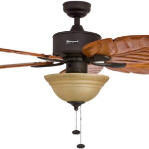 Honeywell Ceiling Fans Royal Palm, 52 Inch Tropical LED Ceiling Fan with Light, Pull Chain, Three Mounting Options, Hand Carved Solid Wood Blades - 50204-01 (Bronze)