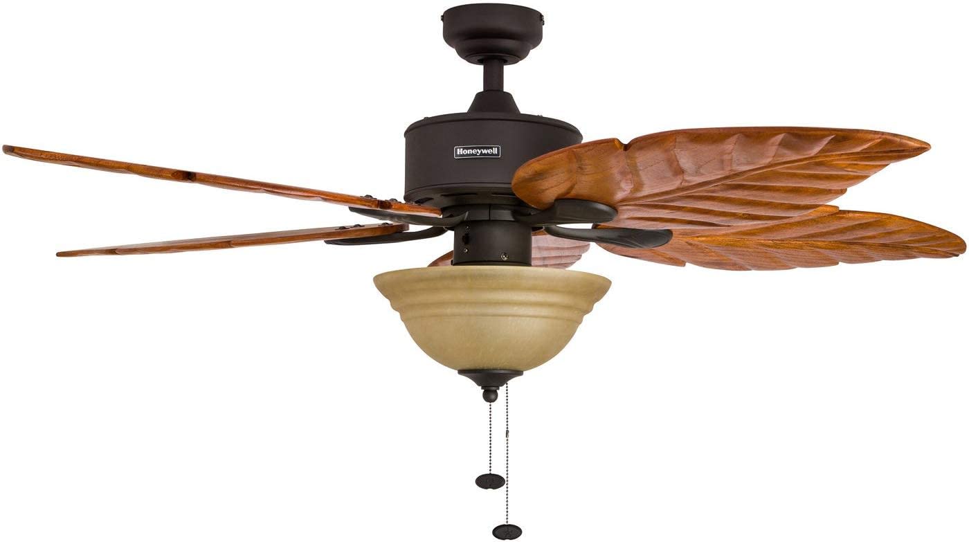 Honeywell Ceiling Fans Royal Palm, 52 Inch Tropical LED Ceiling Fan with Light, Pull Chain, Three Mounting Options, Hand Carved Solid Wood Blades - 50204-01 (Bronze)