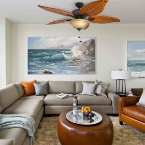 Honeywell Ceiling Fans Royal Palm, 52 Inch Tropical LED Ceiling Fan with Light, Pull Chain, Three Mounting Options, Hand Carved Solid Wood Blades - 50204-01 (Bronze)