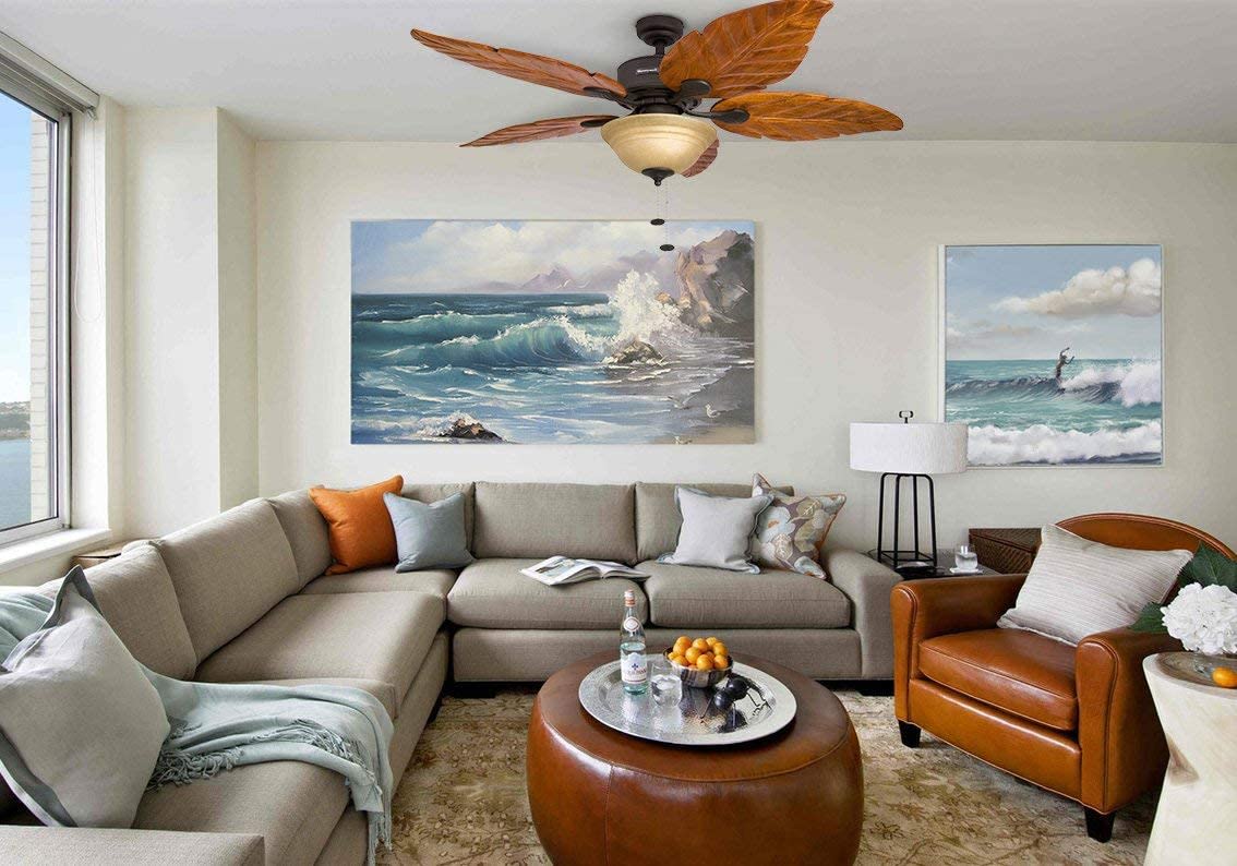 Honeywell Ceiling Fans Royal Palm, 52 Inch Tropical LED Ceiling Fan with Light, Pull Chain, Three Mounting Options, Hand Carved Solid Wood Blades - 50204-01 (Bronze)