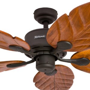 Honeywell Ceiling Fans Royal Palm, 52 Inch Tropical LED Ceiling Fan with Light, Pull Chain, Three Mounting Options, Hand Carved Solid Wood Blades - 50204-01 (Bronze)