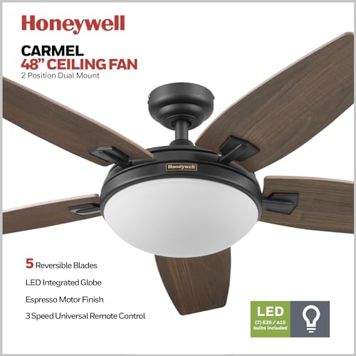 Honeywell Ceiling Fans Carmel, 48 Inch Contemporary Indoor LED Ceiling Fan with Light, Remote Control, Dual Mounting Options, Dual Finish Blades, Reversible Motor - 50197-01 (Bronze)