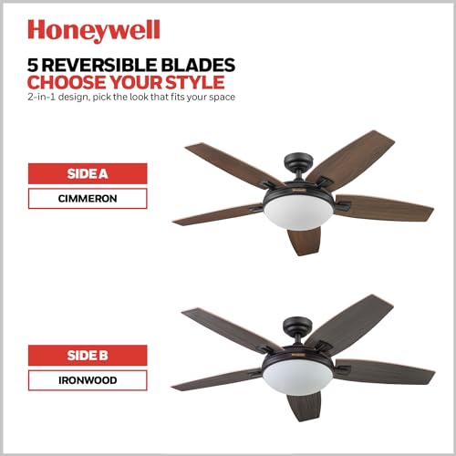 Honeywell Ceiling Fans Carmel, 48 Inch Contemporary Indoor LED Ceiling Fan with Light, Remote Control, Dual Mounting Options, Dual Finish Blades, Reversible Motor - 50197-01 (Bronze)