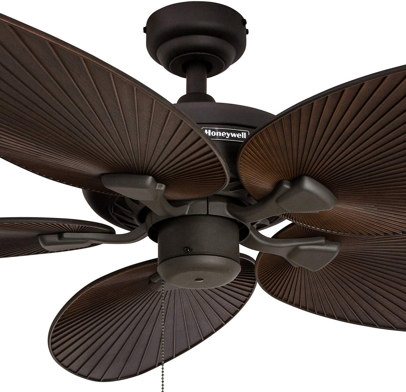 Honeywell Ceiling Fans Palm Island, 52 Inch Tropical Indoor Outdoor Ceiling Fan with No Light, Pull Chain, Three Mounting Options, 5 Palm Leaf Blades, Wet-Rated - 50207-01 (Bronze)